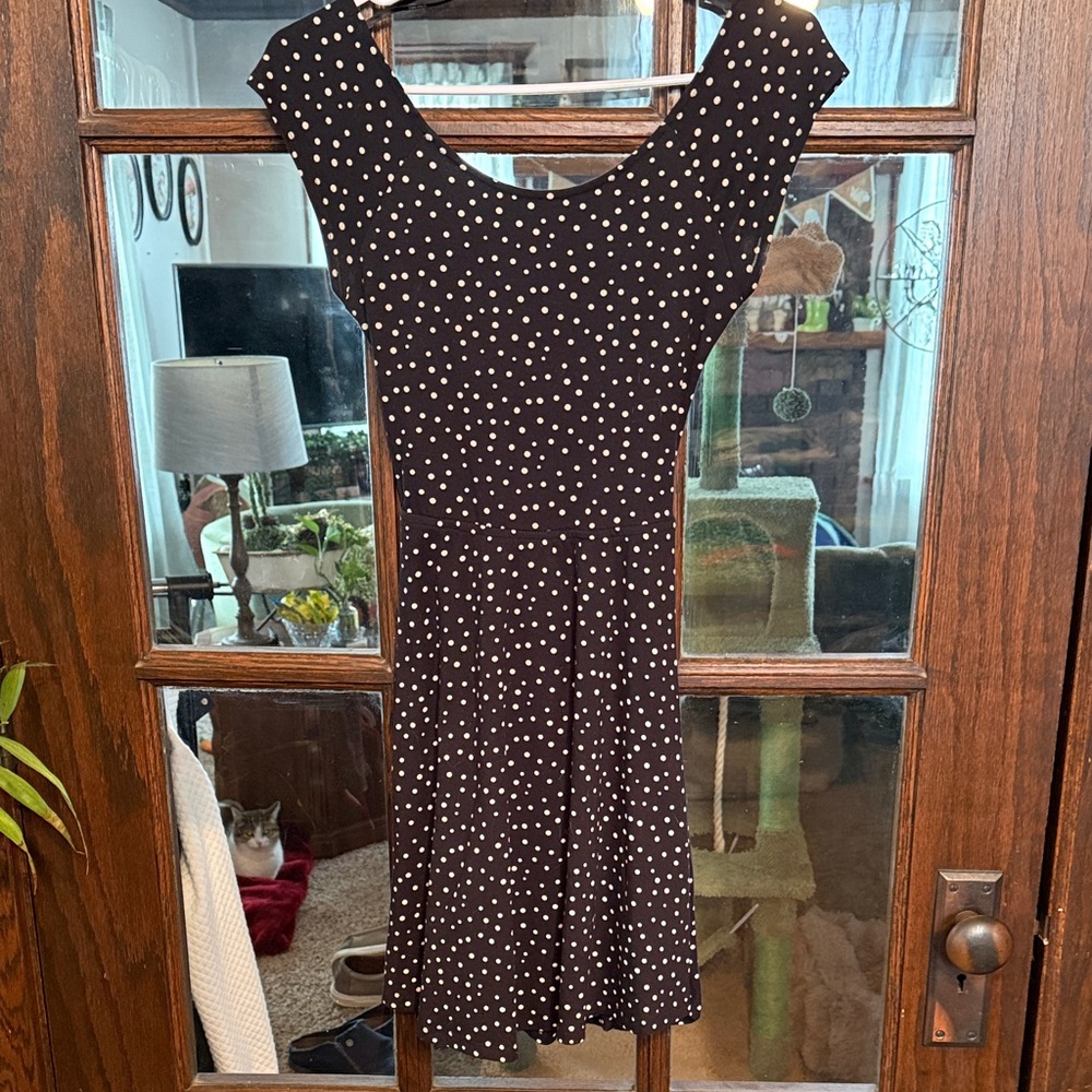 Forever 21 Black White Polka Dot Skater Dress Criss Cross Back Mini Womens Small